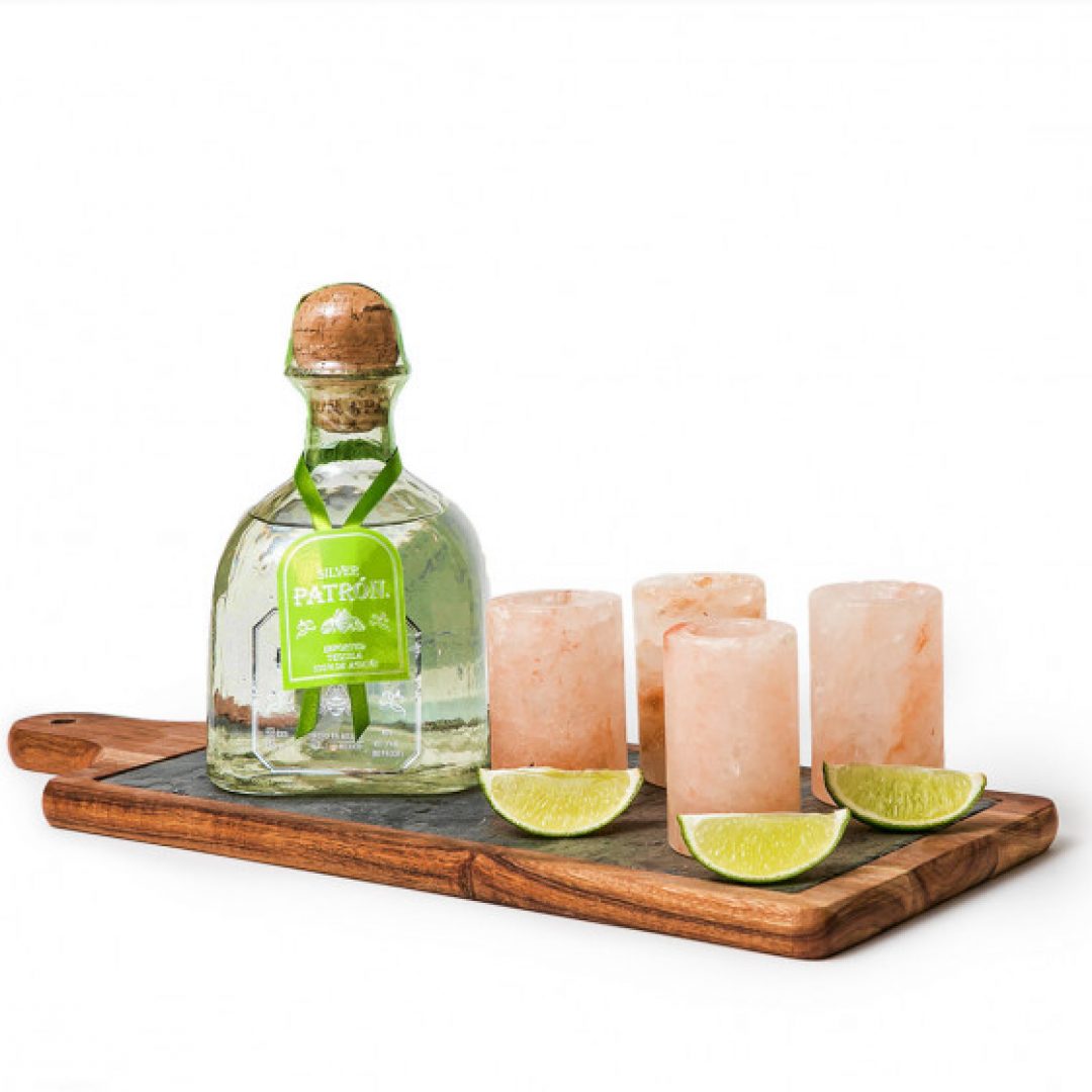 Patron Silver Tequila Gift Set with Pink Himalayan Salt Shot Glasses