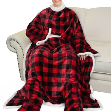 Sherpa Wearable Blanket with Sleeves and Foot Pockets