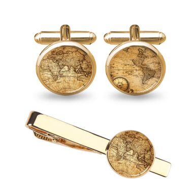 World Map Cufflinks with Tie Clip – Many Styles